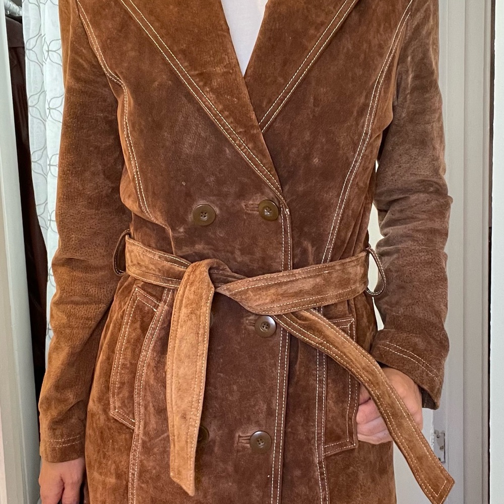 Carmel tone suede trench coat.